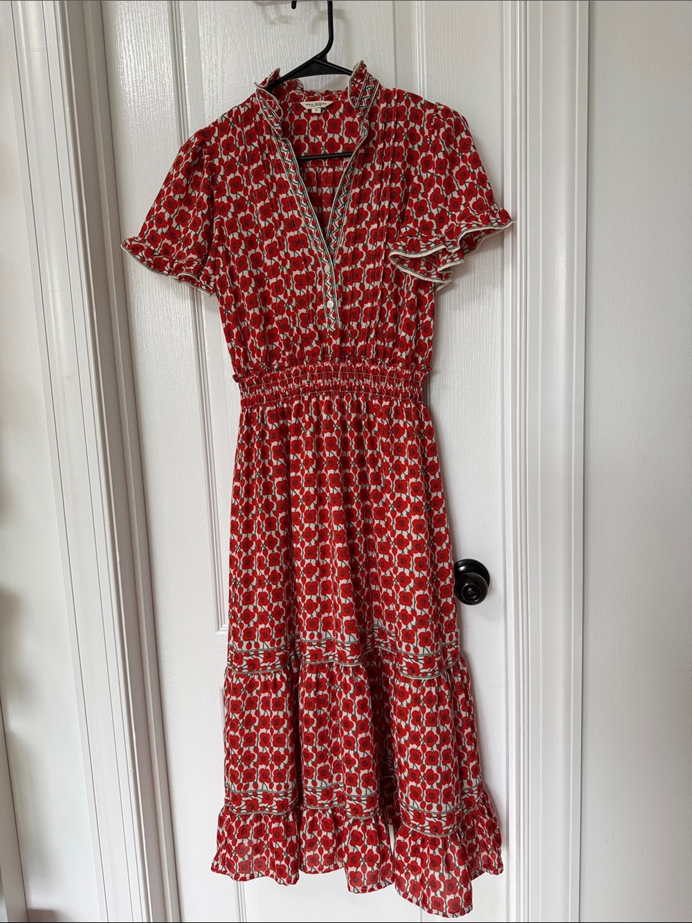 Max Studio Red Floral Smocked Midi Dress with Ruffle Tiers